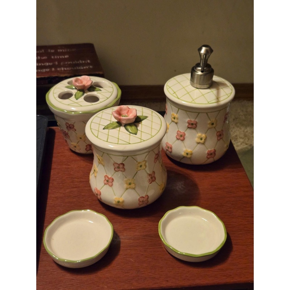Longaberger Floral Trellis Ceramic Bathroom Vanity Set Soap Dispenser Dishes 5pc